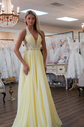 UK Pastel Yellow Halter Prom Dress with Lace Applique Chiffon Mychicdress